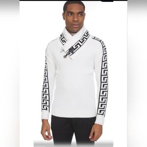 Barabas Men’s White Shawl Collar Sweater Greek Key Zip Pullover 4XL